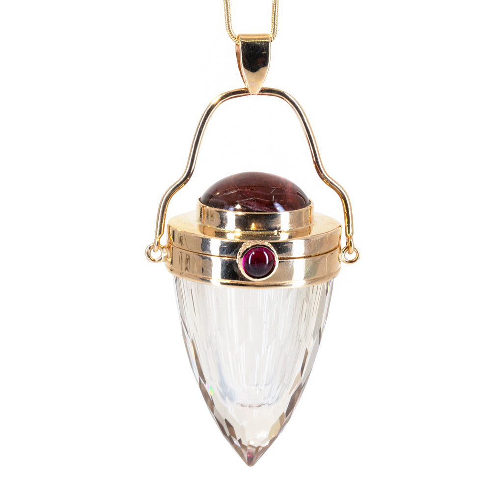 Quartz Faceted 81.34ct with Pink Tourmaline Handcrafted 14K Gemstone Vessel Pendant - HHO-024 - Crystalarium