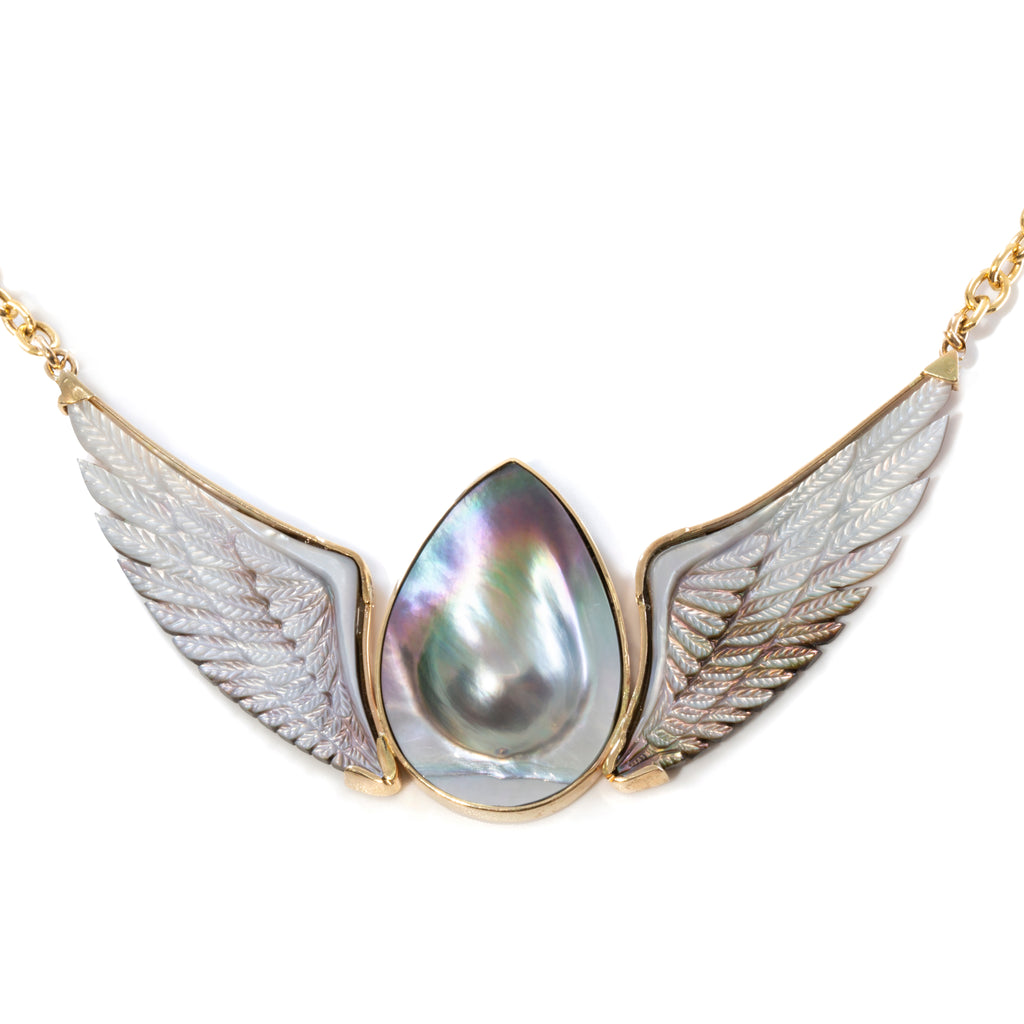 Mabe Pearl with Mother of Pearl Hand-Carved Angel Wing 14k Necklace - HHO-043 - Crystalarium