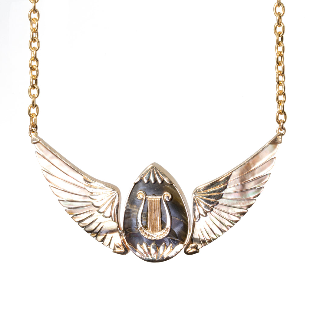Mabe Pearl with Mother of Pearl Hand-Carved Angel Wing 14k Necklace - HHO-043 - Crystalarium