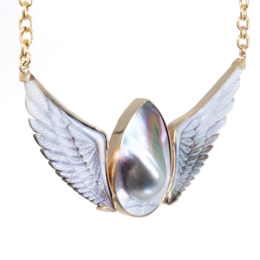 Mabe Pearl with Mother of Pearl Hand-Carved Angel Wing 14k Necklace - HHO-043 - Crystalarium