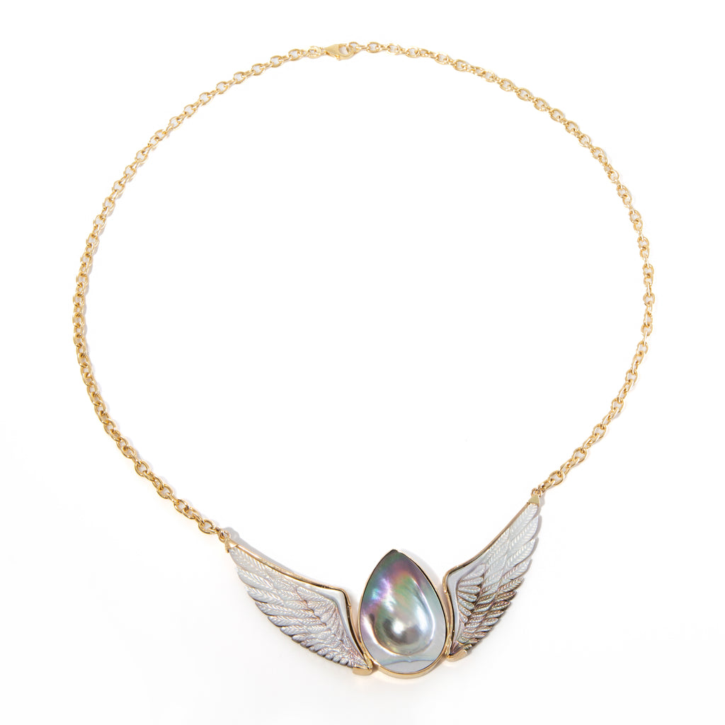 Mabe Pearl with Mother of Pearl Hand-Carved Angel Wing 14k Necklace - HHO-043 - Crystalarium