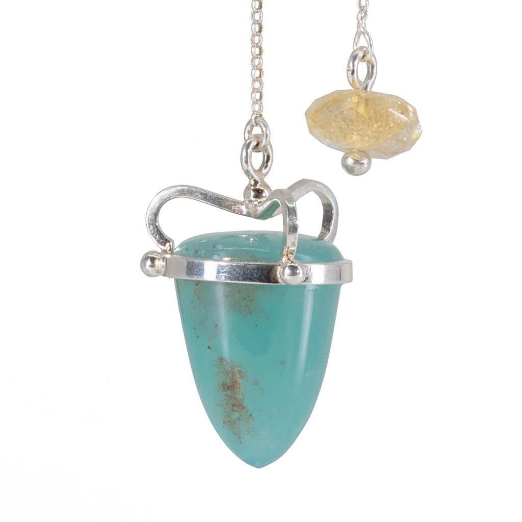 "Aquaprase" Blue-Green Chalcedony 35.88 carat Handcrafted Sterling Silver Pendulum - HHO-049 - Crystalarium
