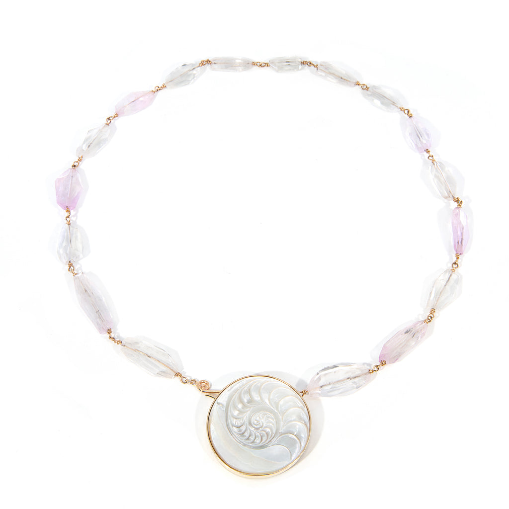 Kunzite and Mother of Pearl 273ct 14k Hand Carved and Handcrafted Necklace - HHO-025 - Crystalarium