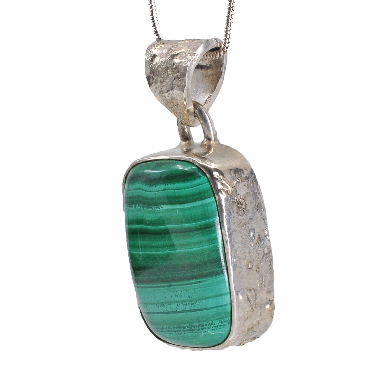 Malachite 18.41 mm 24.61 carats Rectangle Cabochon Sterling Silver Handcrafted Pendant - CCO-307 - Crystalarium