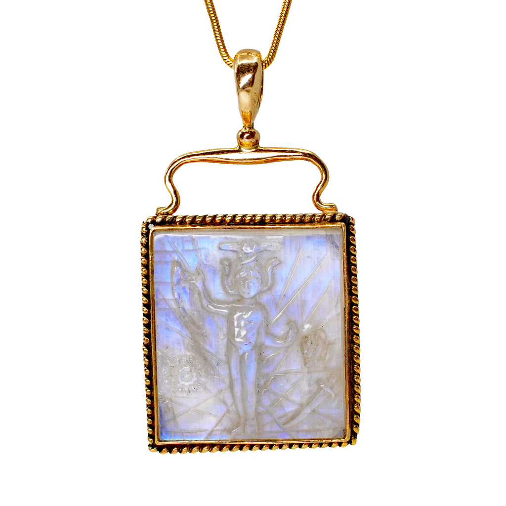 Blue Moonstone 23.35 mm 44.85 carats Magician Carving 14K Handcrafted Gemstone Pendant - ZO-115 - Crystalarium