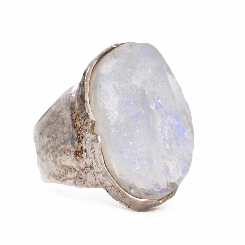 Blue Moonstone 22.94 mm 24 carats Rough Cabochon Sterling Silver Handcrafted Ring - BBO-125 - Crystalarium