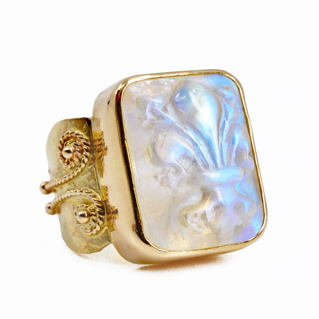 Blue Moonstone 19.17 mm 29.9 carats Carved Fleur de Lis 14K Handcrafted Filigree Gemstone Ring - DDO-110 - Crystalarium