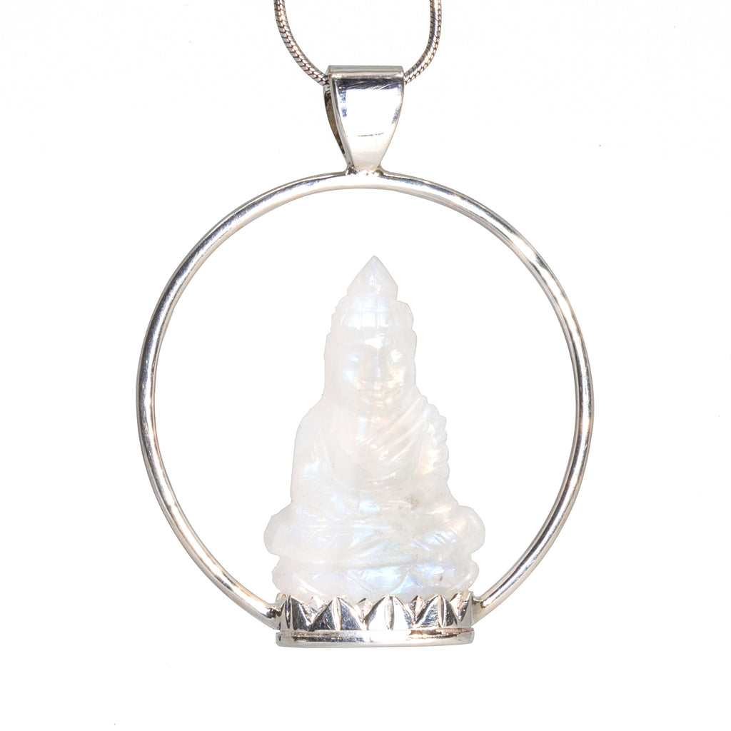 Moonstone 14.26 carat 26.9mm Carved Crystal Buddha Sterling Silver Handcrafted Pendant - JJO-076 - Crystalarium