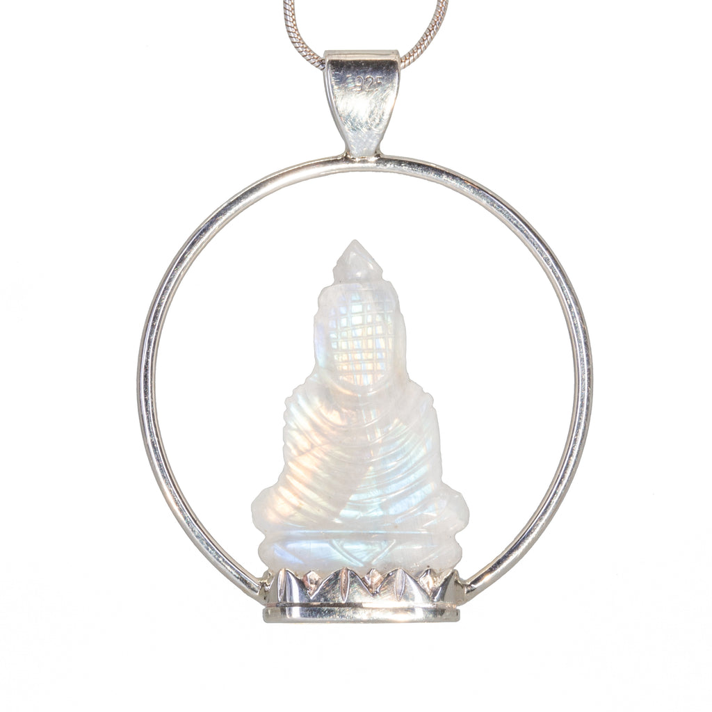 Moonstone 14.26 carat 26.9mm Carved Crystal Buddha Sterling Silver Handcrafted Pendant - JJO-076 - Crystalarium