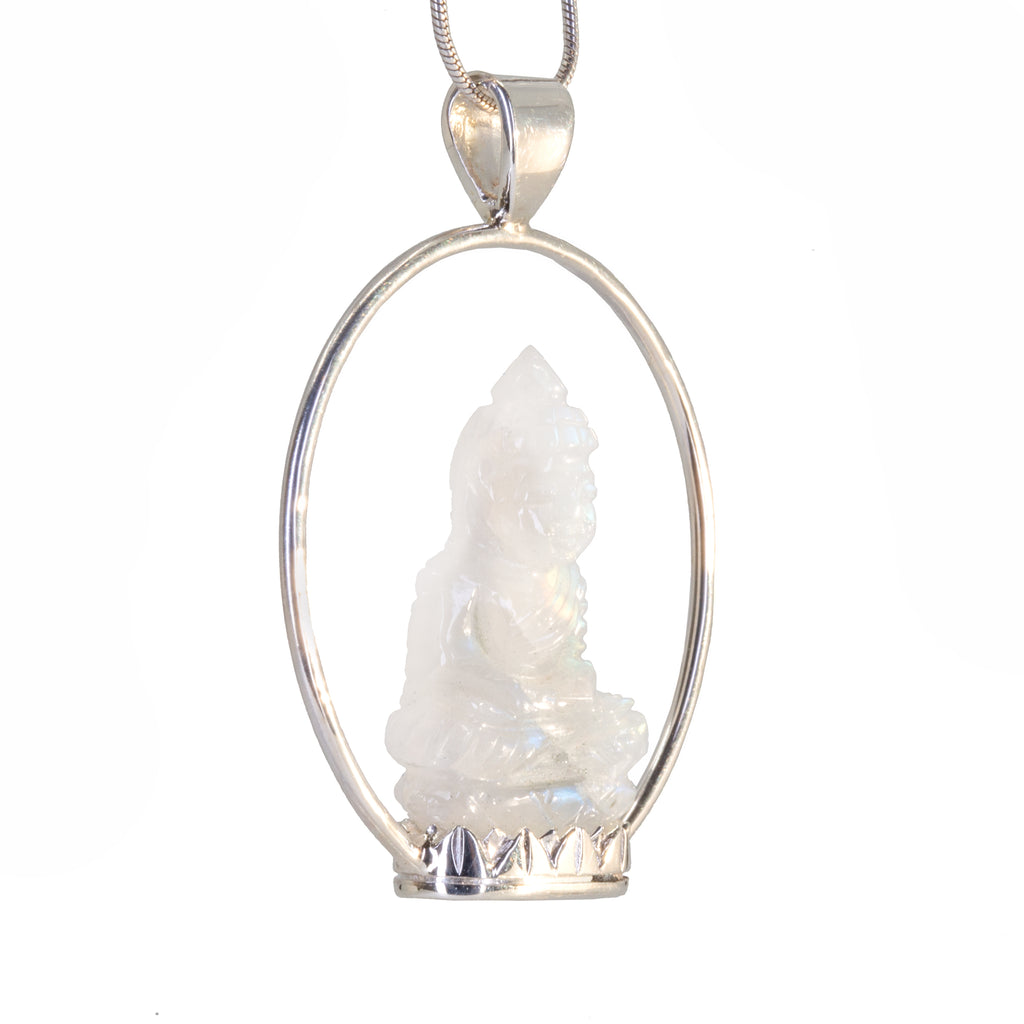 Moonstone 14.26 carat 26.9mm Carved Crystal Buddha Sterling Silver Handcrafted Pendant - JJO-076 - Crystalarium