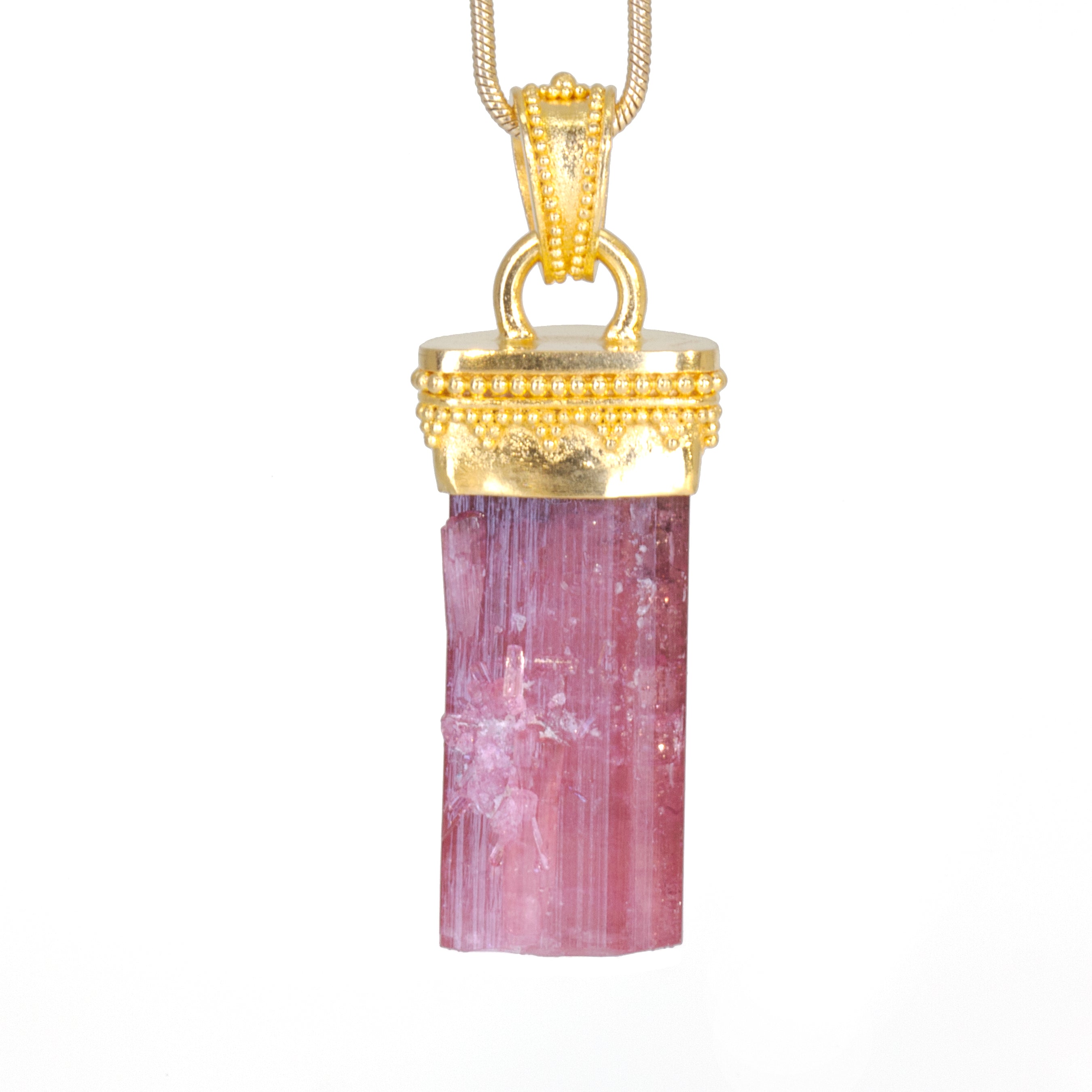 Pink Tourmaline 27.47 Carat Natural Crystal 22k Handcrafted Granulated Pendant - JJO-119 - Crystalarium