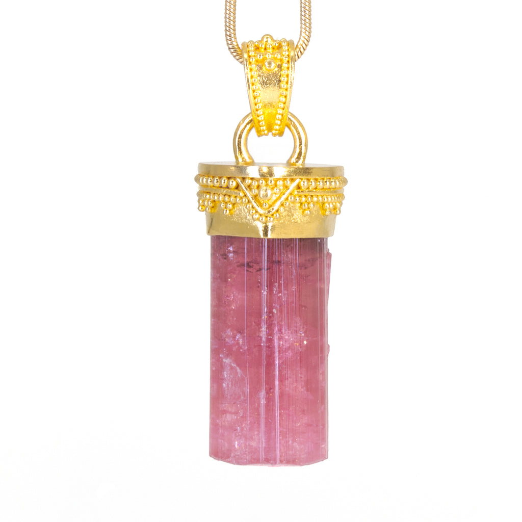 Pink Tourmaline 27.47 Carat Natural Crystal 22k Handcrafted Granulated Pendant - JJO-119 - Crystalarium