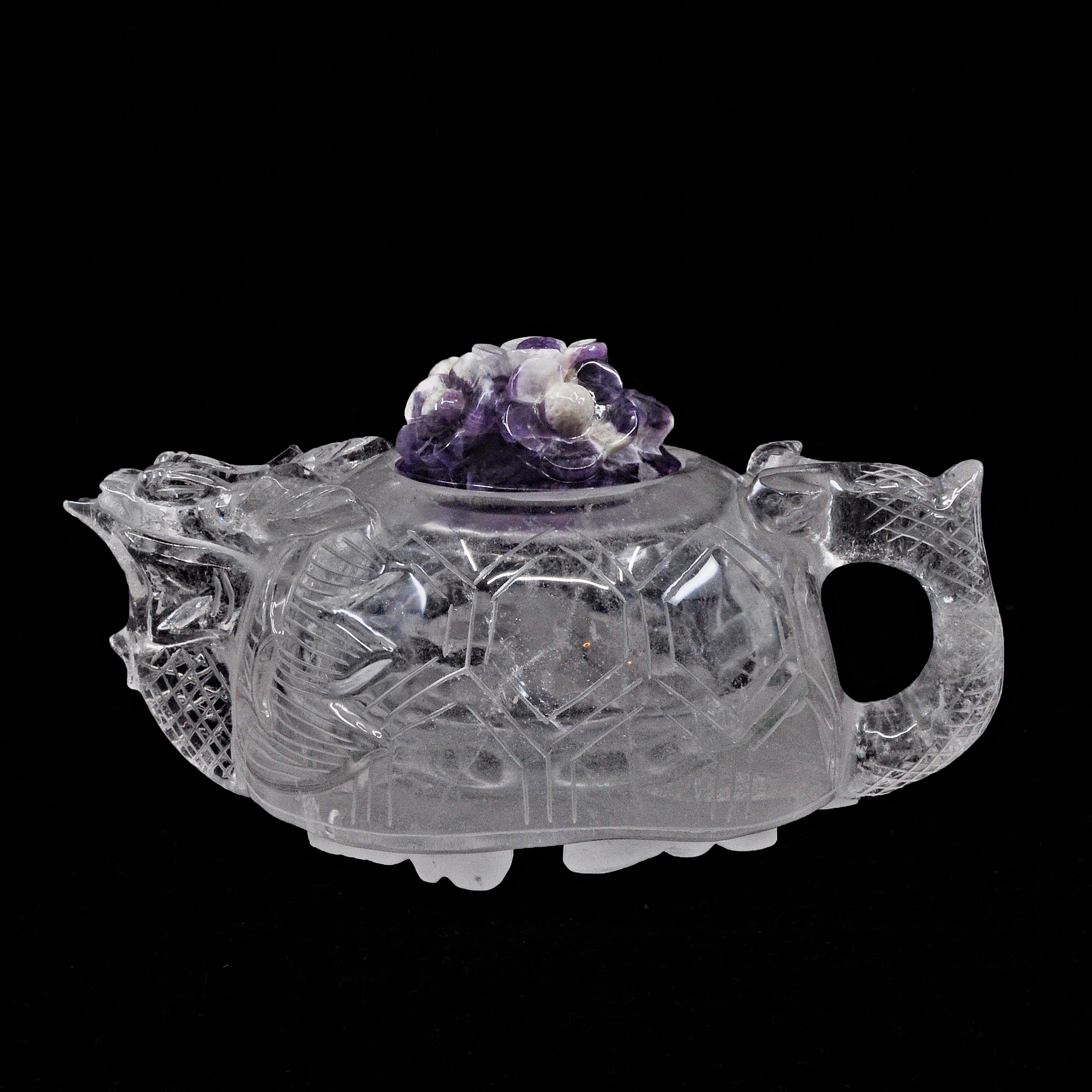 Quartz with Amethyst 6.02 inch 1.7 lbs Dragon and Floral Carved Natural Crystal Teapot - FFR-008 - Crystalarium