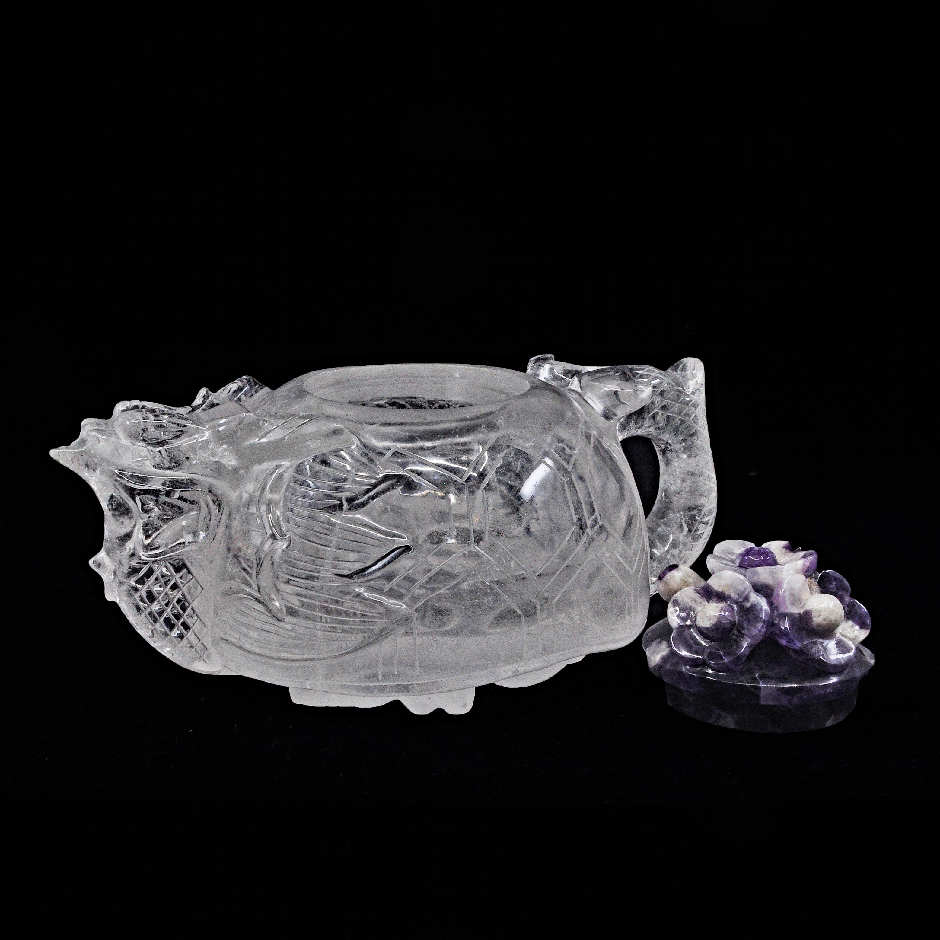 Quartz with Amethyst 6.02 inch 1.7 lbs Dragon and Floral Carved Natural Crystal Teapot - FFR-008 - Crystalarium