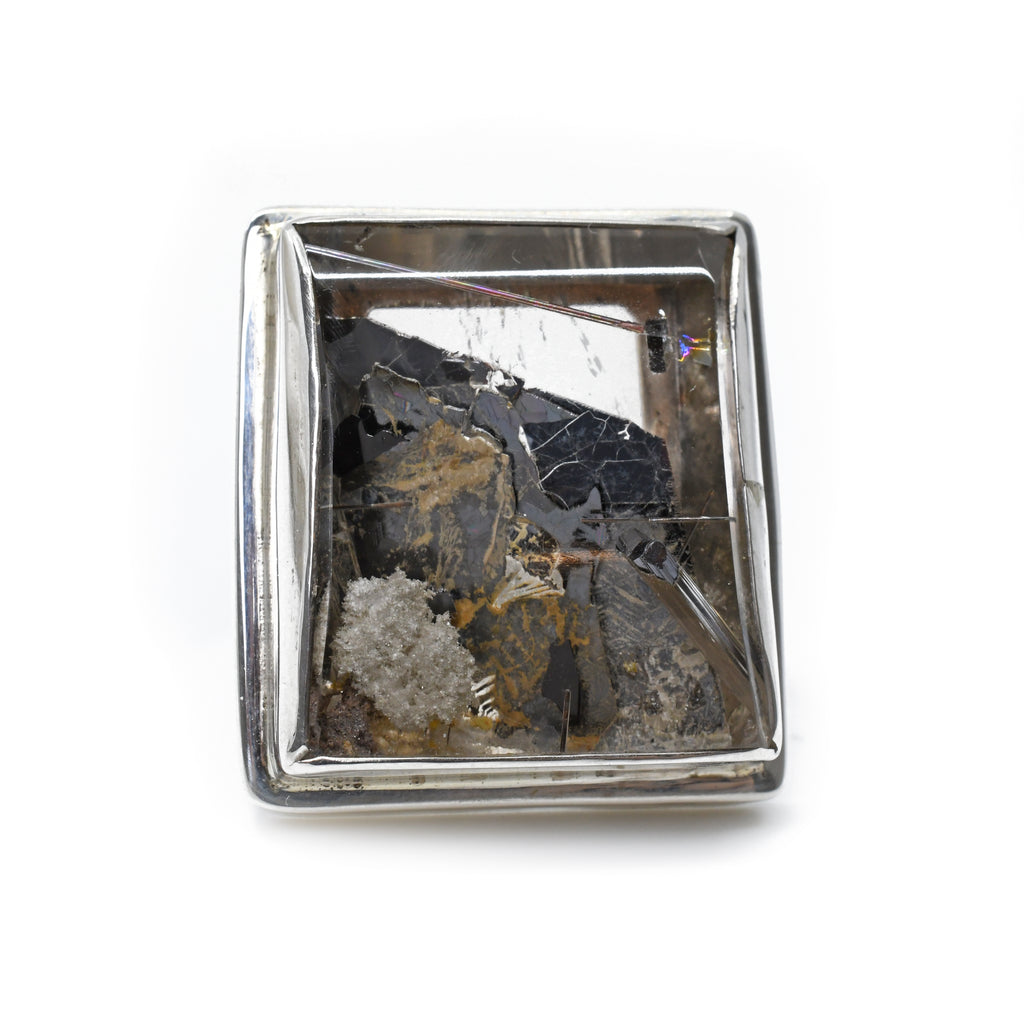 Quartz with Hematite and Rutile 26.1 mm 54.02 carats Rectangle Cabochon Sterling Silver Handcrafted Ring - EEO-081 - Crystalarium