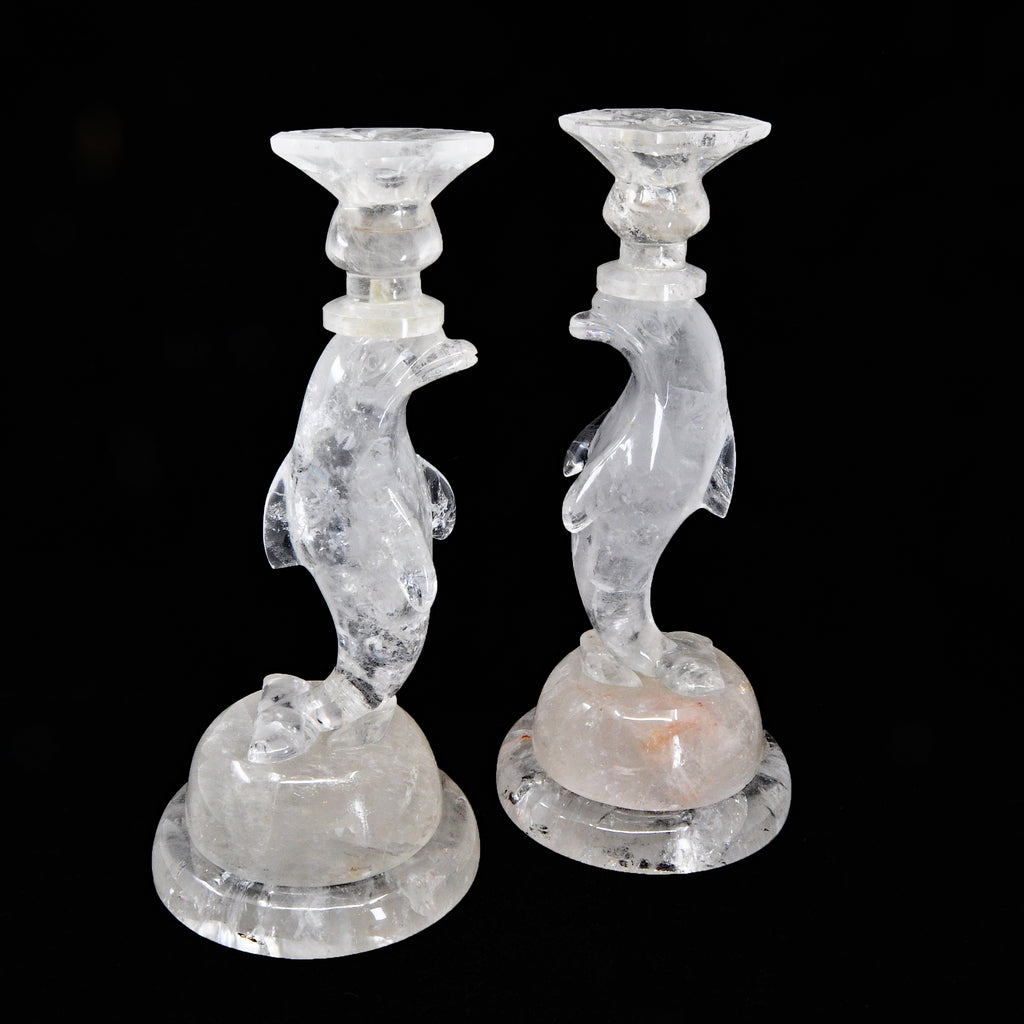Quartz Crystal 10.5 inch Carved Dolphin Candlesticks - Brazil - BBR-034 - Crystalarium