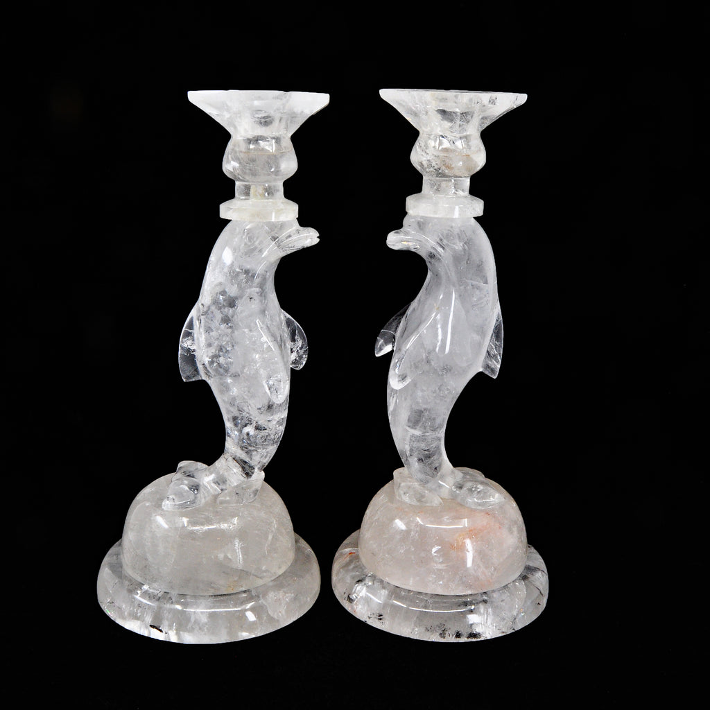 Quartz Crystal 10.5 inch Carved Dolphin Candlesticks - Brazil - BBR-034 - Crystalarium