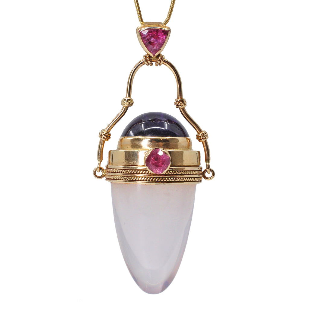 Rose Quartz with Amethyst & Tourmaline 18k Handcrafted Vessel Pendant - JO-085 - Crystalarium