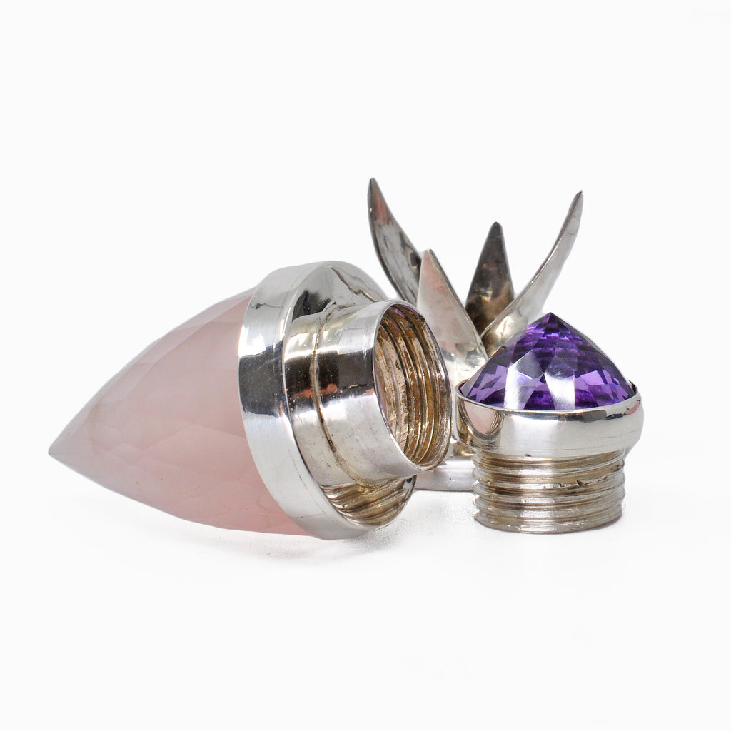 Rose Quartz 1.92 inch 137 carats with Amethyst Handcrafted Sterling Silver Perfume Bottle - DDR-040 - Crystalarium