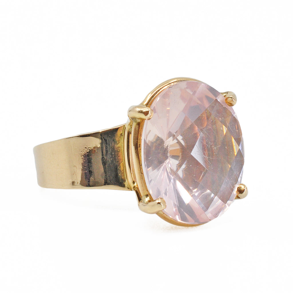 Luminous Rose Quartz 16.5 mm 9.75 ct Faceted Oval 14K Handcrafted Gemstone Prong Ring - ZO-230 - Crystalarium