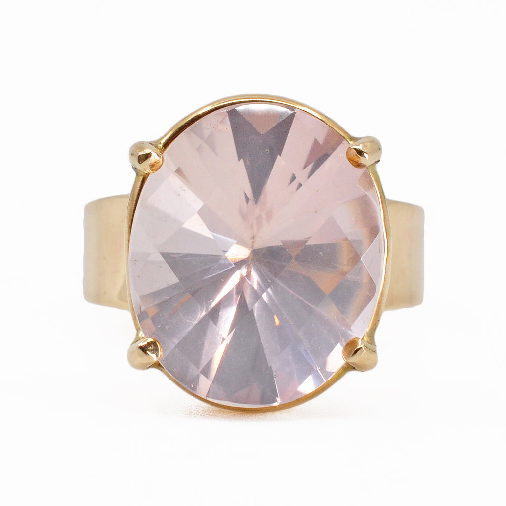 Luminous Rose Quartz 16.5 mm 9.75 ct Faceted Oval 14K Handcrafted Gemstone Prong Ring - ZO-230 - Crystalarium