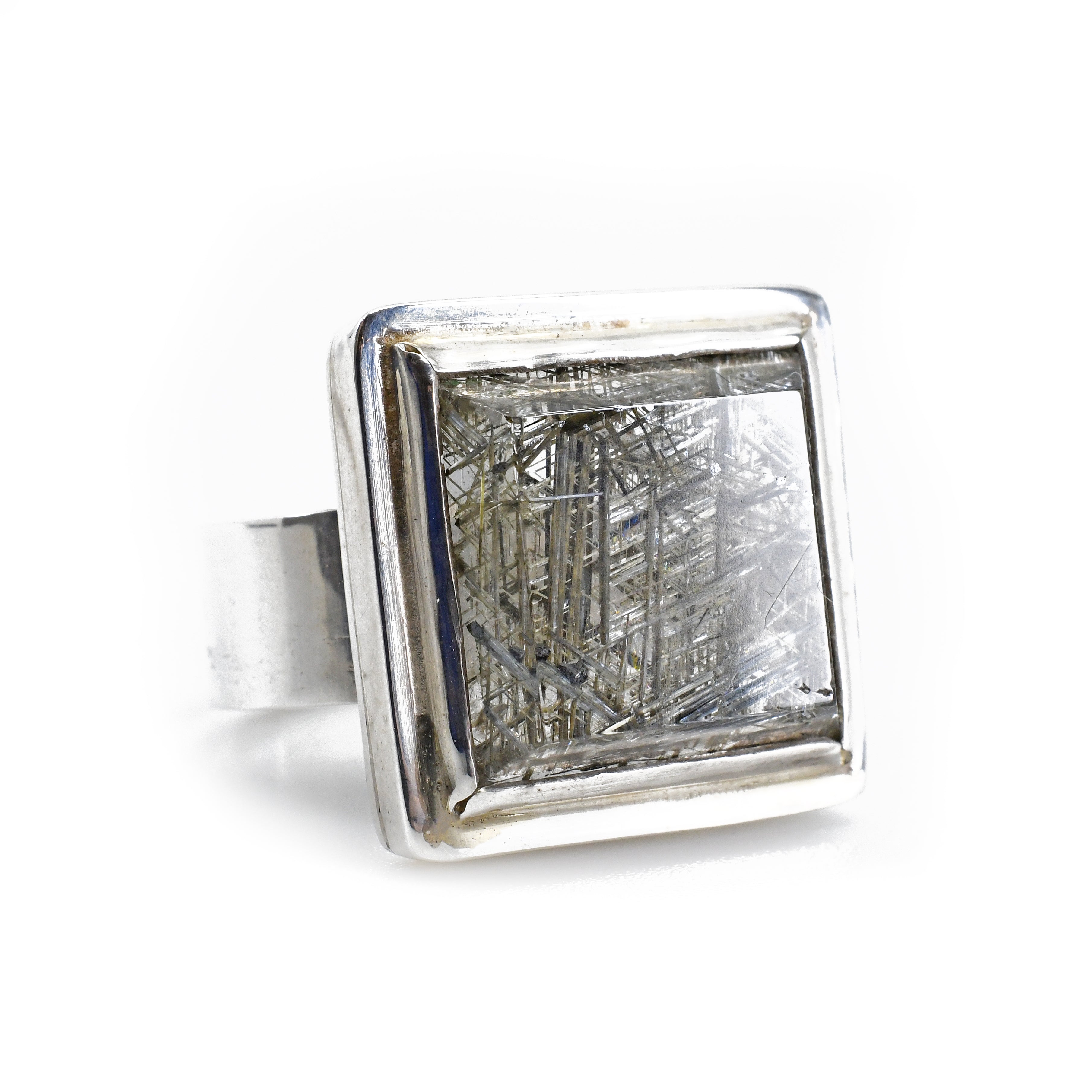 Reticulated Quartz 15.6 mm 11.4 carats Square Faceted Sterling Silver Handcrafted Ring - FFO-166 - Crystalarium