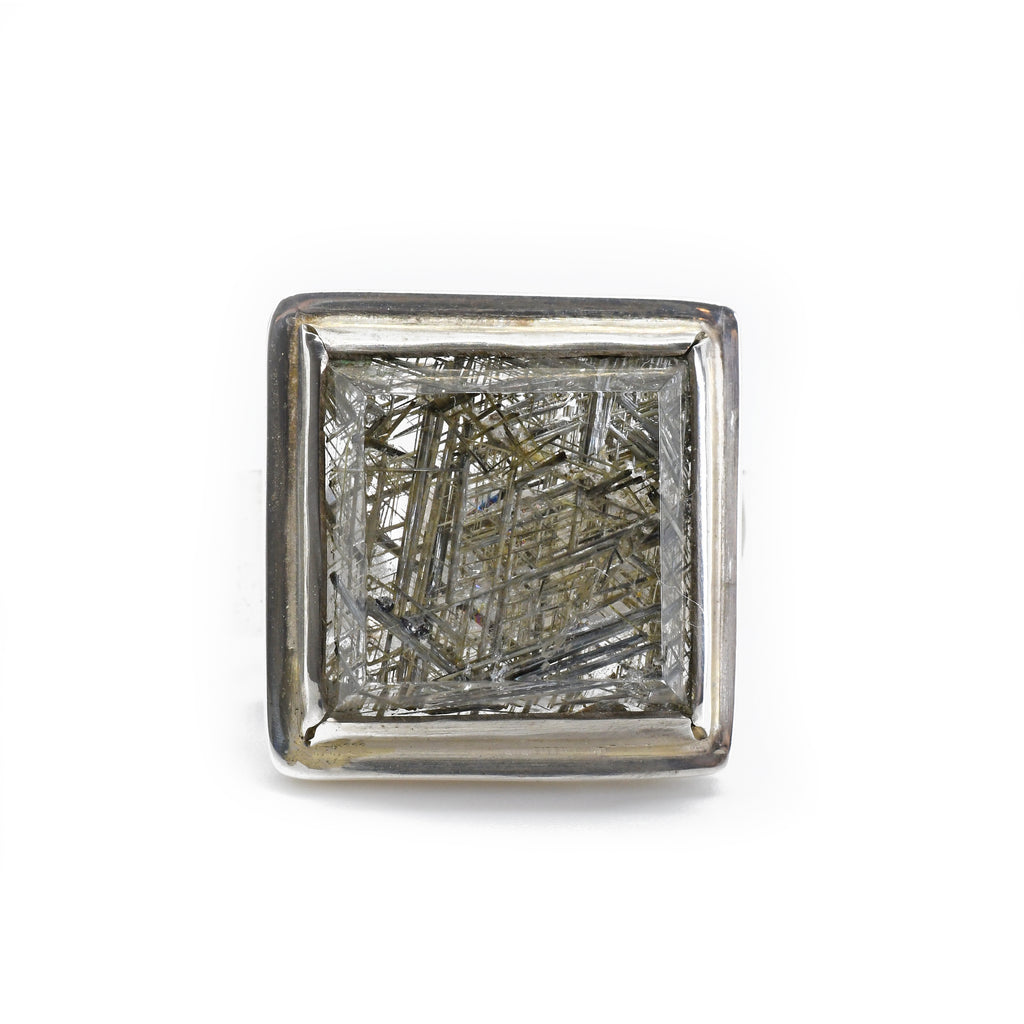 Reticulated Quartz 15.6 mm 11.4 carats Square Faceted Sterling Silver Handcrafted Ring - FFO-166 - Crystalarium