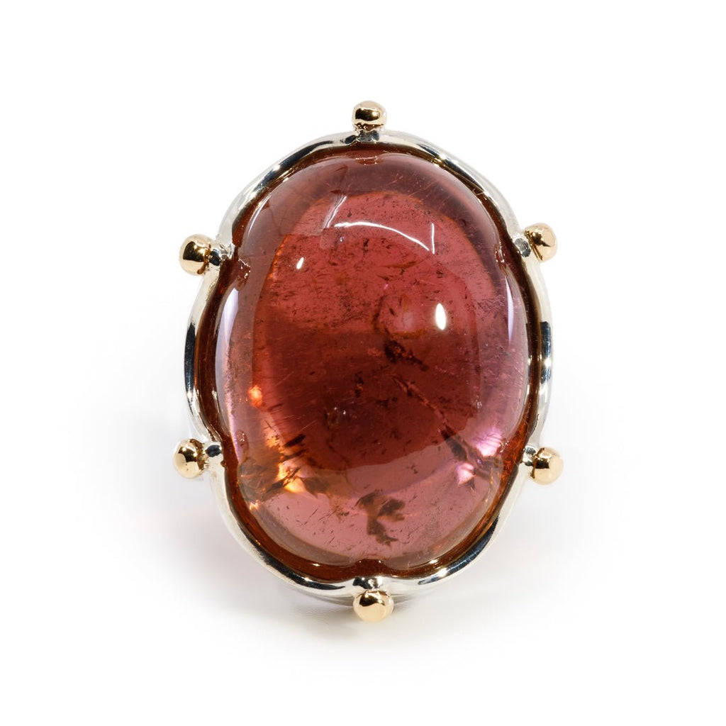 Rubellite Pink Tourmaline 59.74 Carat Sterling Silver and 14k Handcrafted Crown Ring - KKO-077 - Crystalarium