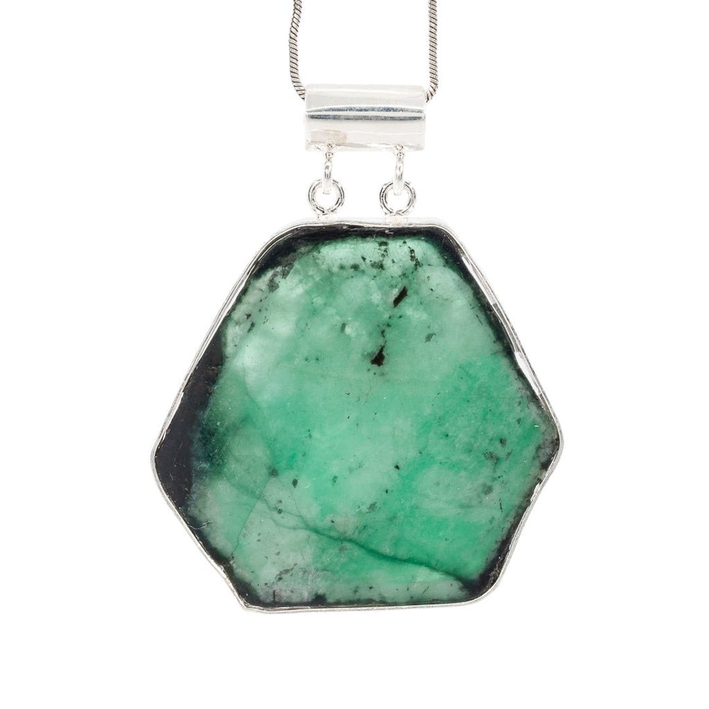 Emerald Slice 38.48 Carat Sterling Silver Handcrafted Gem Crystal Pendant - KKO-165 - Crystalarium