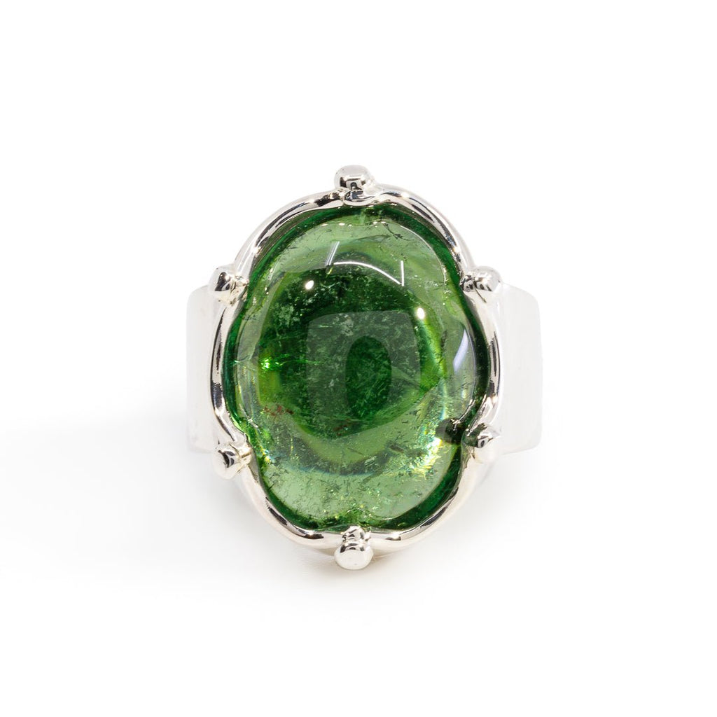 Green Tourmaline 18.65 Carat Sterling Silver Handcrafted Crown Ring - KKO-079 - Crystalarium