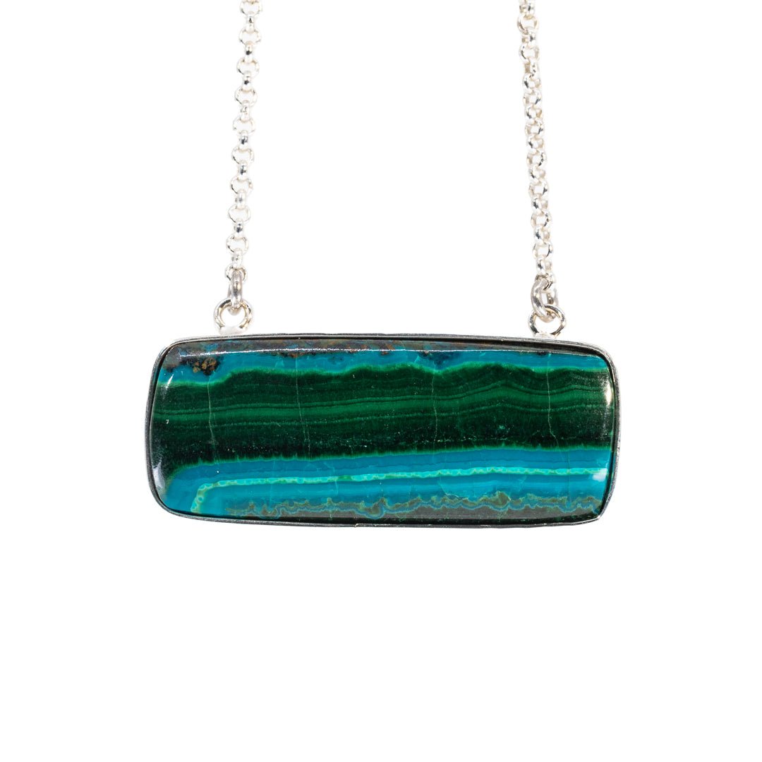 Malachite and Chrysocolla 33.33 Carat Cabochon Sterling Silver Handcrafted 20 Inch Necklace - LLO-011 - Crystalarium