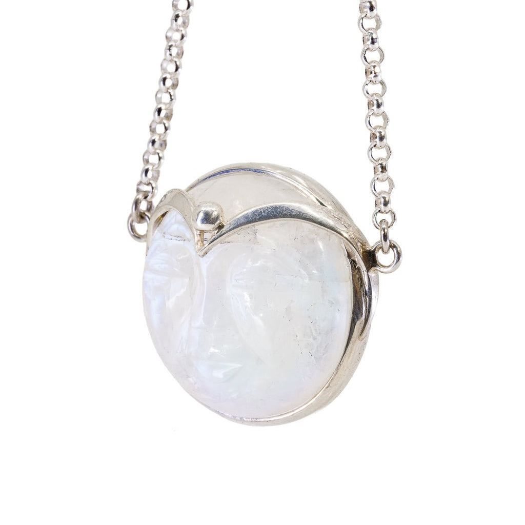 Blue Moonstone 47.91 Carat Face with Crown Handcrafted Sterling Silver 22 Inch Necklace - KKO-071 - Crystalarium