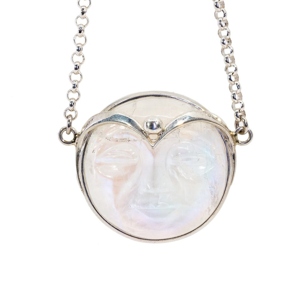 Blue Moonstone 47.91 Carat Face with Crown Handcrafted Sterling Silver 22 Inch Necklace - KKO-071 - Crystalarium