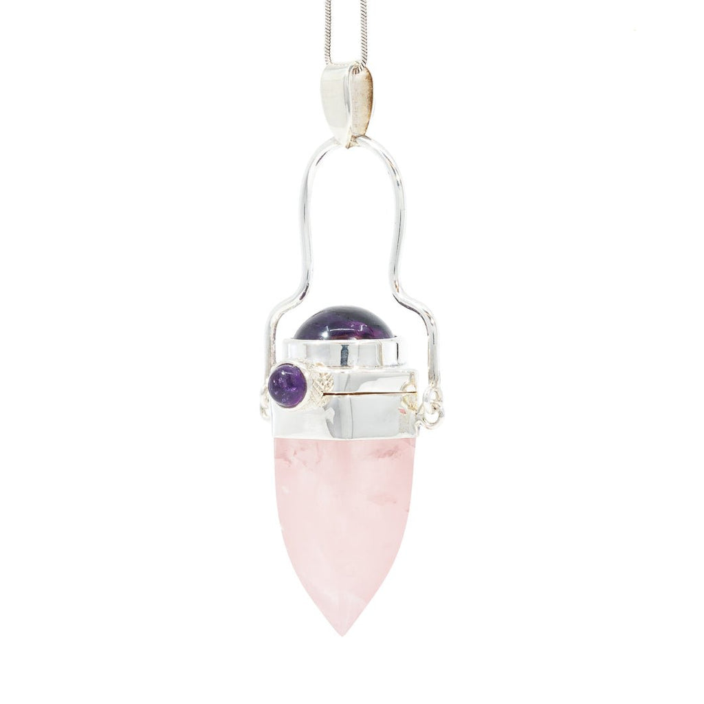 Rose Quartz 51.46 Carat with Amethyst Handcrafted Sterling Silver Vessel Pendant - HHO-064 - Crystalarium