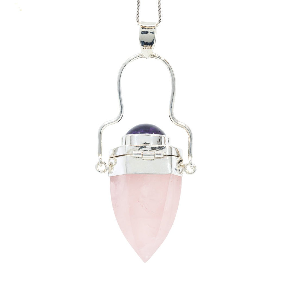 Rose Quartz 51.46 Carat with Amethyst Handcrafted Sterling Silver Vessel Pendant - HHO-064 - Crystalarium