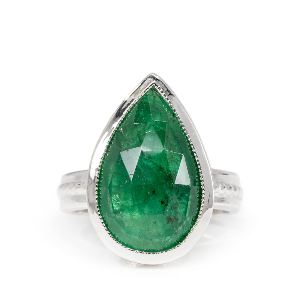 Emerald 6.86 Carat Rose Cut Handcrafted Sterling Silver Gemstone Ring - KKO-241 - Crystalarium