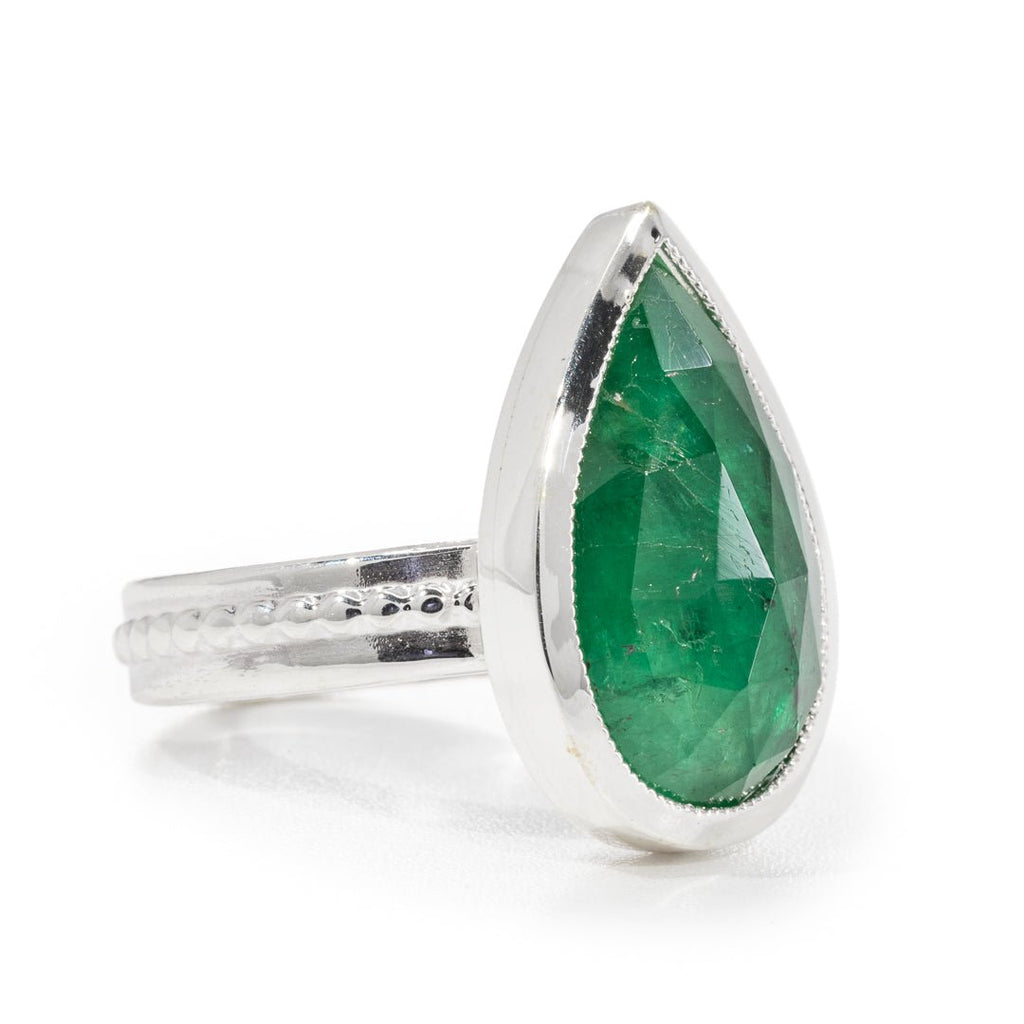 Emerald 6.86 Carat Rose Cut Handcrafted Sterling Silver Gemstone Ring - KKO-241 - Crystalarium