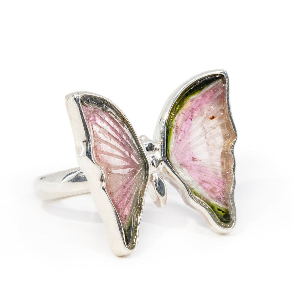 Watermelon Tourmaline 5.5 Carat Sterling Silver Handcrafted Gemstone Butterfly Ring - LLO-018 - Crystalarium