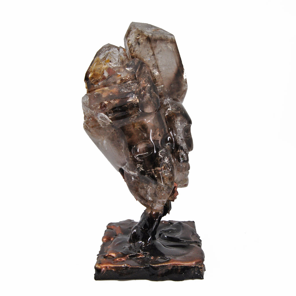 Smoky Quartz Elestial 6 inch Carved Crystal Skull on Display Stand - Brazil - GGR-027 - Crystalarium
