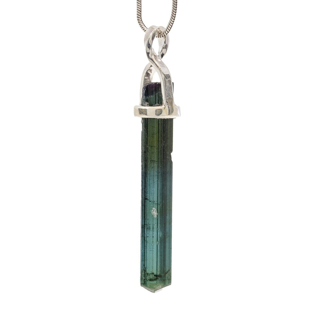 Blue Tourmaline 8.43 Carat Sterling Silver Handcrafted Natural Crystal Twist Pendant - KKO-177 - Crystalarium