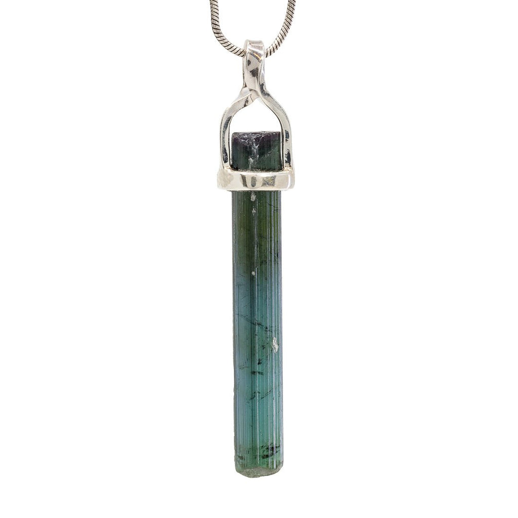Blue Tourmaline 8.43 Carat Sterling Silver Handcrafted Natural Crystal Twist Pendant - KKO-177 - Crystalarium