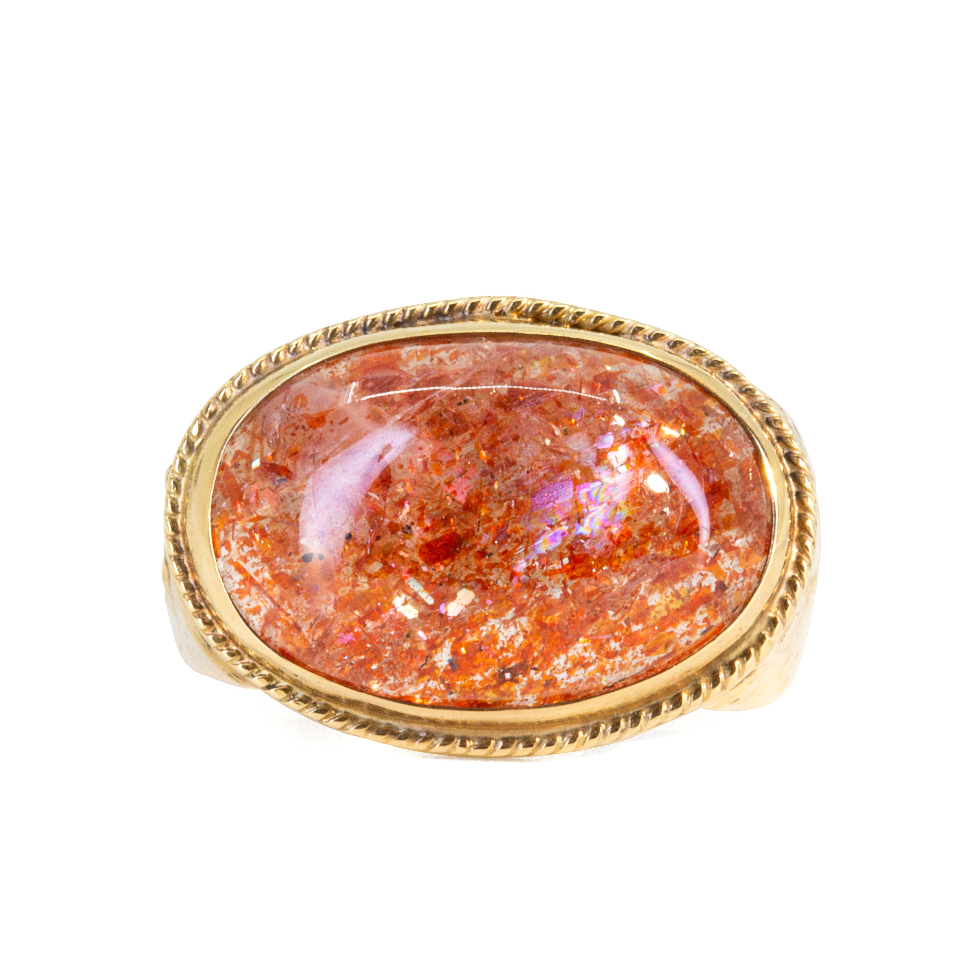 Indian Sunstone 10.08 Oval Cabochon 18k Textured Band Handcrafted Ring - SO-056 - Crystalarium