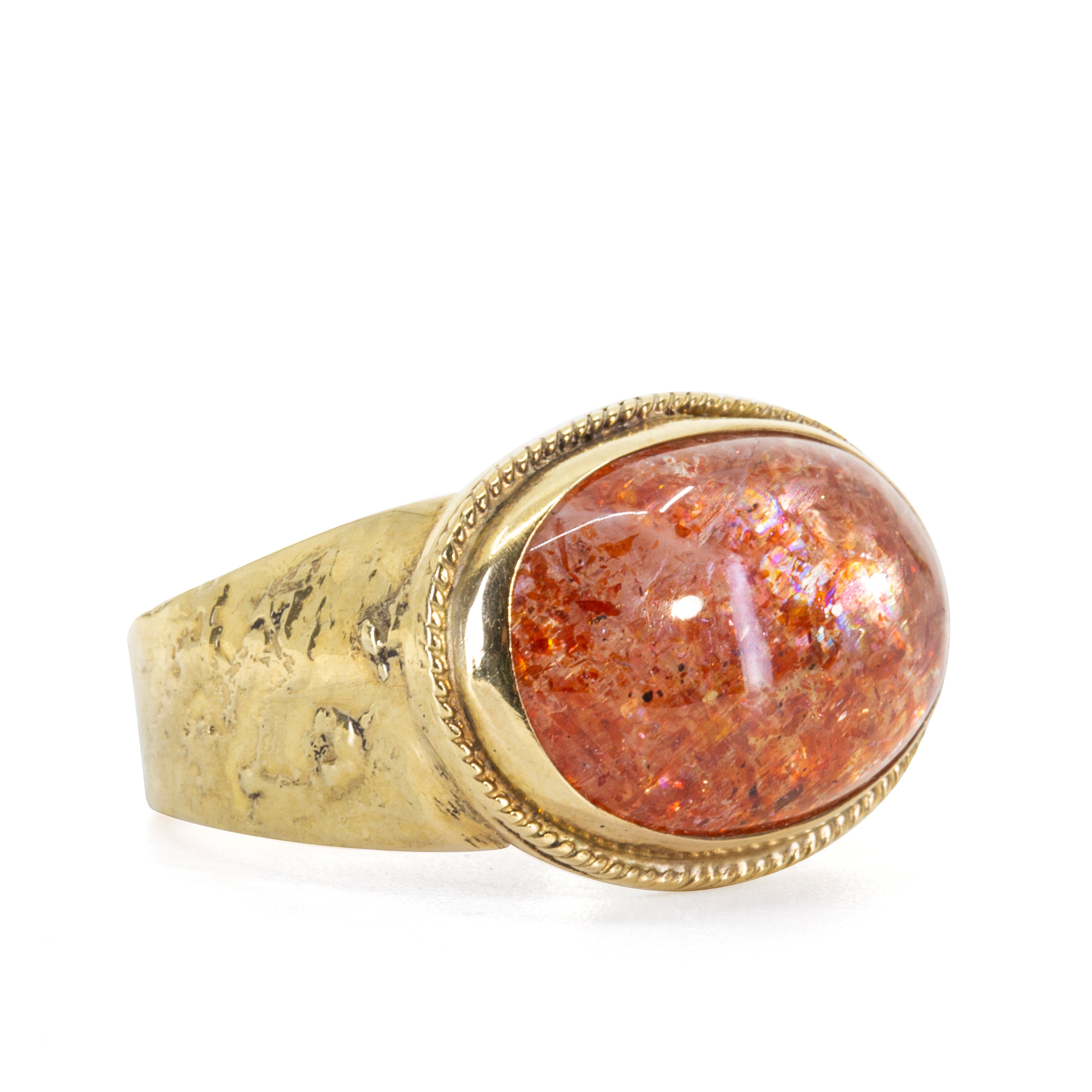 Indian Sunstone 10.08 Oval Cabochon 18k Textured Band Handcrafted Ring - SO-056 - Crystalarium