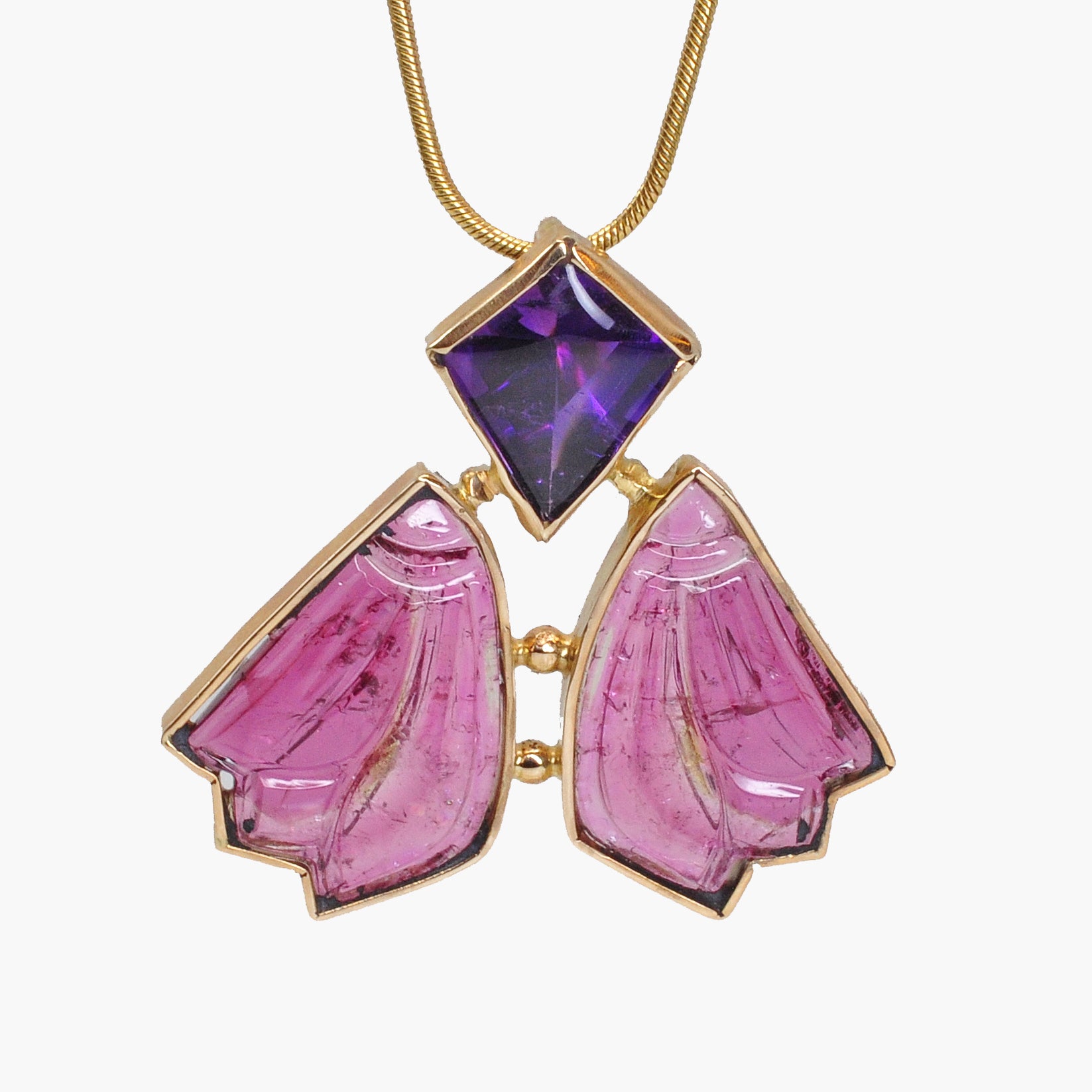 Faceted Amethyst with Rubelite Tourmaline 14k Handcrafted Winged Pendant - BBO-322 - Crystalarium