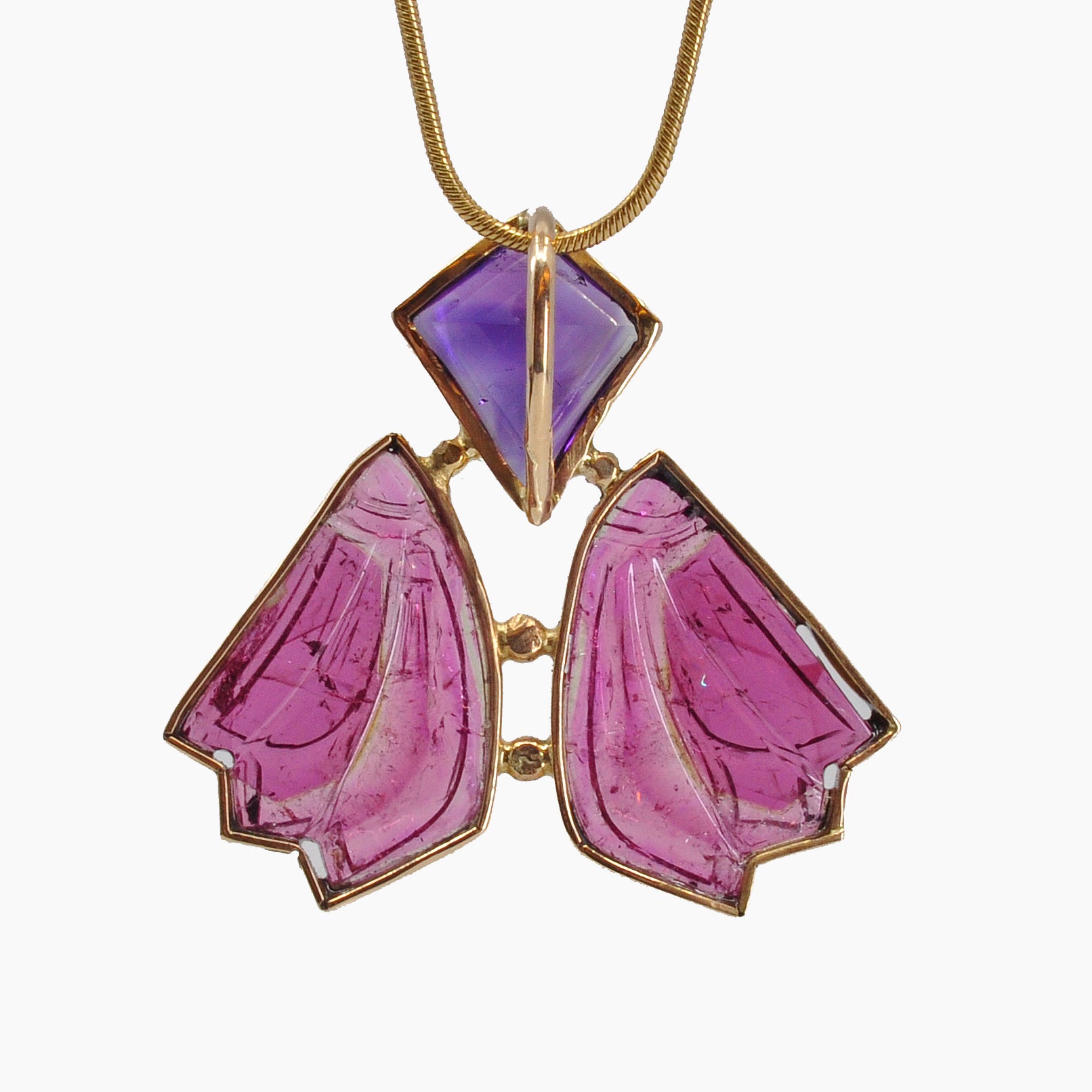 Faceted Amethyst with Rubelite Tourmaline 14k Handcrafted Winged Pendant - BBO-322 - Crystalarium