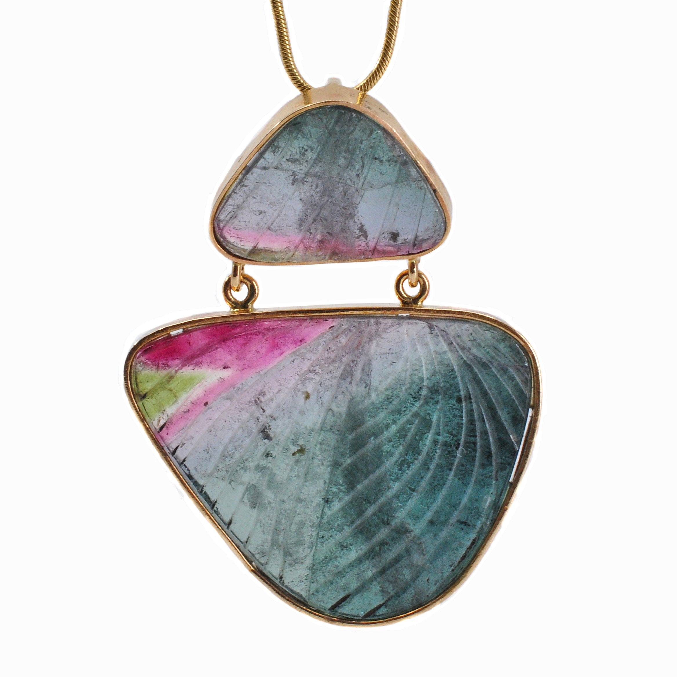 Multi-Colored Tourmaline 1.7 inch 36.3 ct Butterfly Wing Carving 14K Handcrafted Gemstone Pendant - BBO-264 - Crystalarium