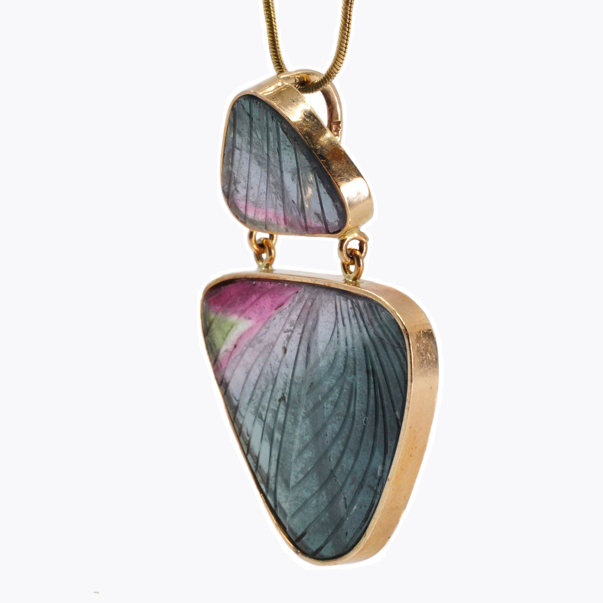 Multi-Colored Tourmaline 1.7 inch 36.3 ct Butterfly Wing Carving 14K Handcrafted Gemstone Pendant - BBO-264 - Crystalarium