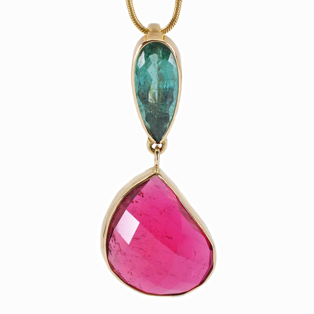 Pink Tourmaline 19.32 mm 15.03 ct with Paraiba Tourmaline 2.71 ct 14K Handcrafted Gemstone Pendant - XO-228 - Crystalarium