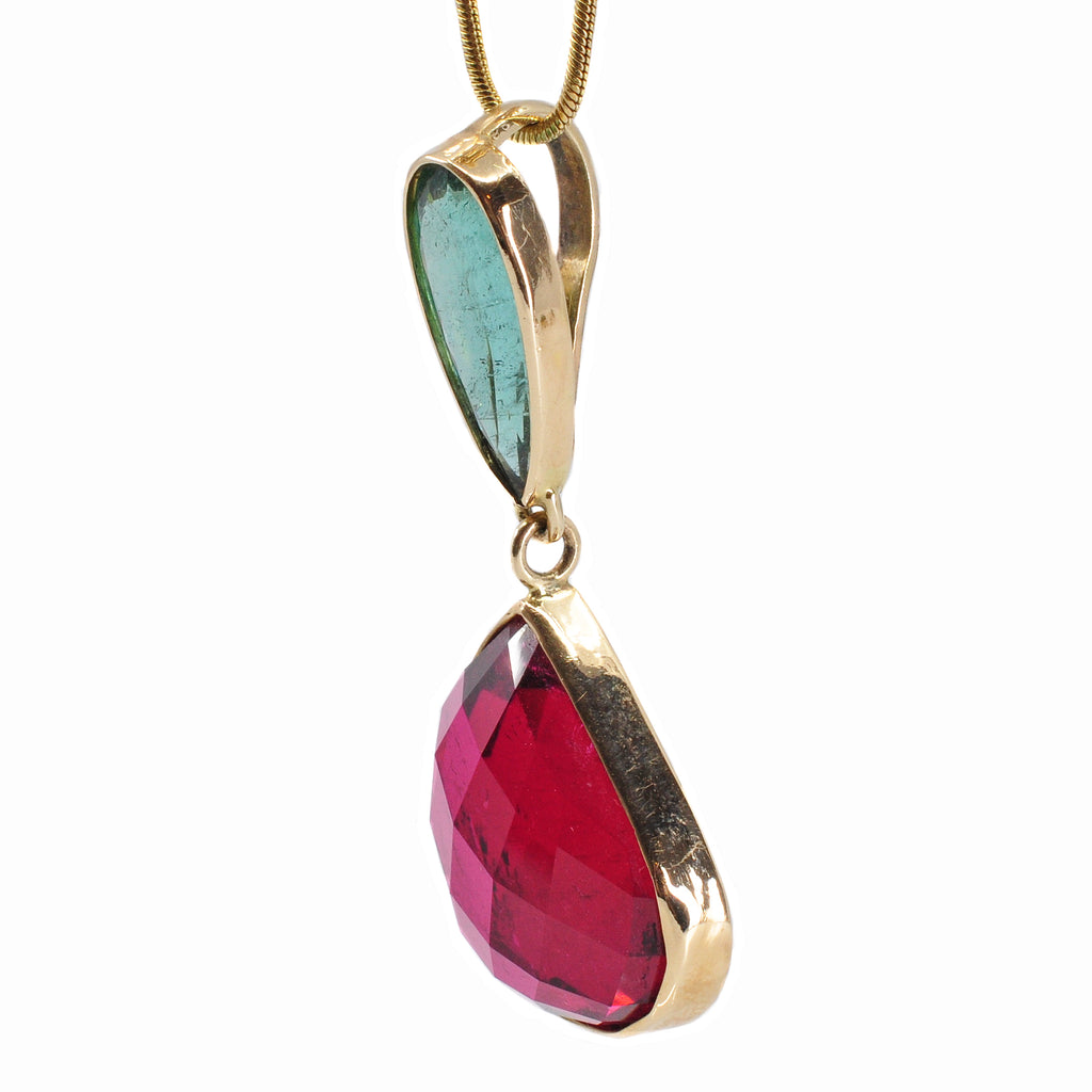 Pink Tourmaline 19.32 mm 15.03 ct with Paraiba Tourmaline 2.71 ct 14K Handcrafted Gemstone Pendant - XO-228 - Crystalarium