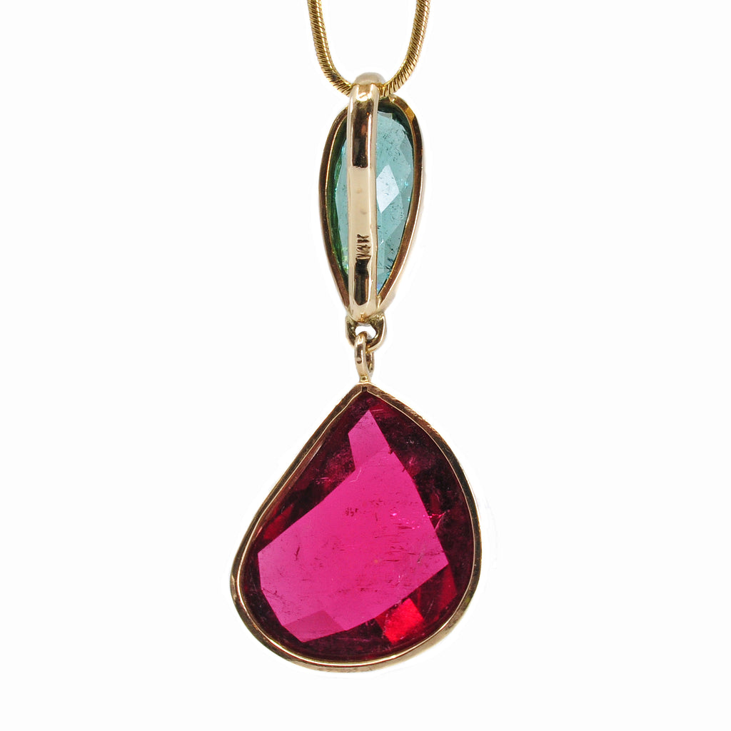 Pink Tourmaline 19.32 mm 15.03 ct with Paraiba Tourmaline 2.71 ct 14K Handcrafted Gemstone Pendant - XO-228 - Crystalarium
